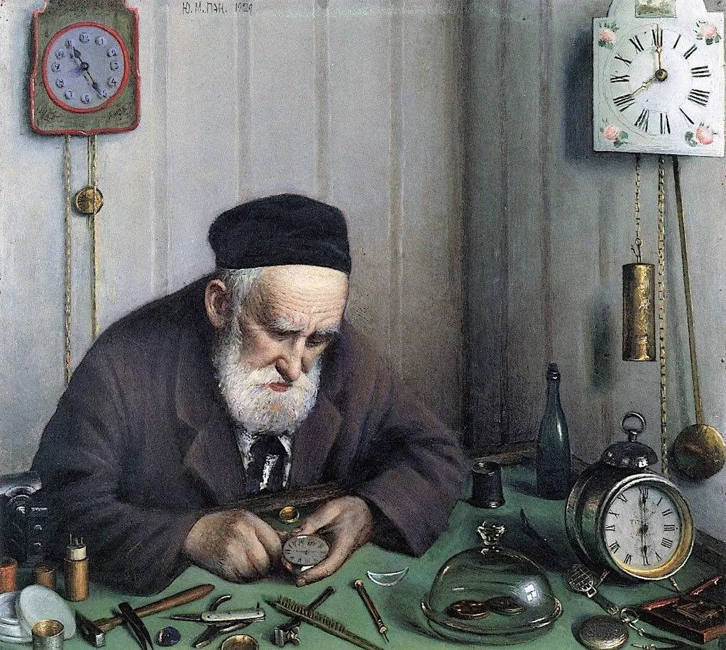 Capa do episódio #4: O Relojoeiro (1924), de Yehuda Pen. Domínio público, via Wikimedia Commons