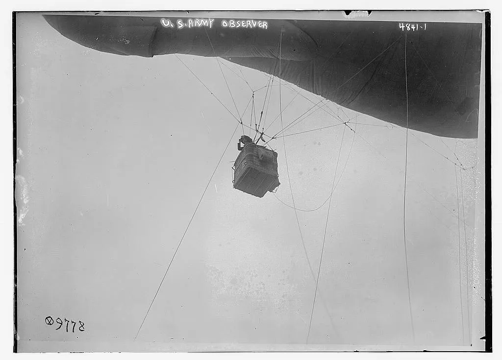 Capa do episódio #30: Balão de observação do Exército dos EUA na Primeira Guerra, Bain News Service / Library of Congress. Domínio público, via Wikimedia Commons
